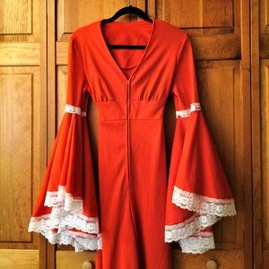 70's Vintage Red Flare Sleeve Wide Leg Zip Up Jumpsuit Women's Size Small/Medium